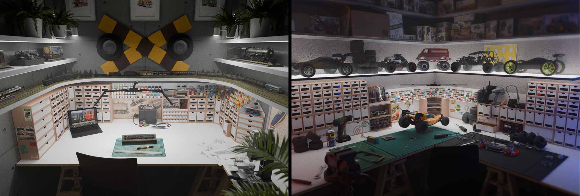 Dream Model Railway Workspace HO Scale Train Layout & Model Train Setup | Workshop idea for hobbyists who love remote-controlled car building and tuning