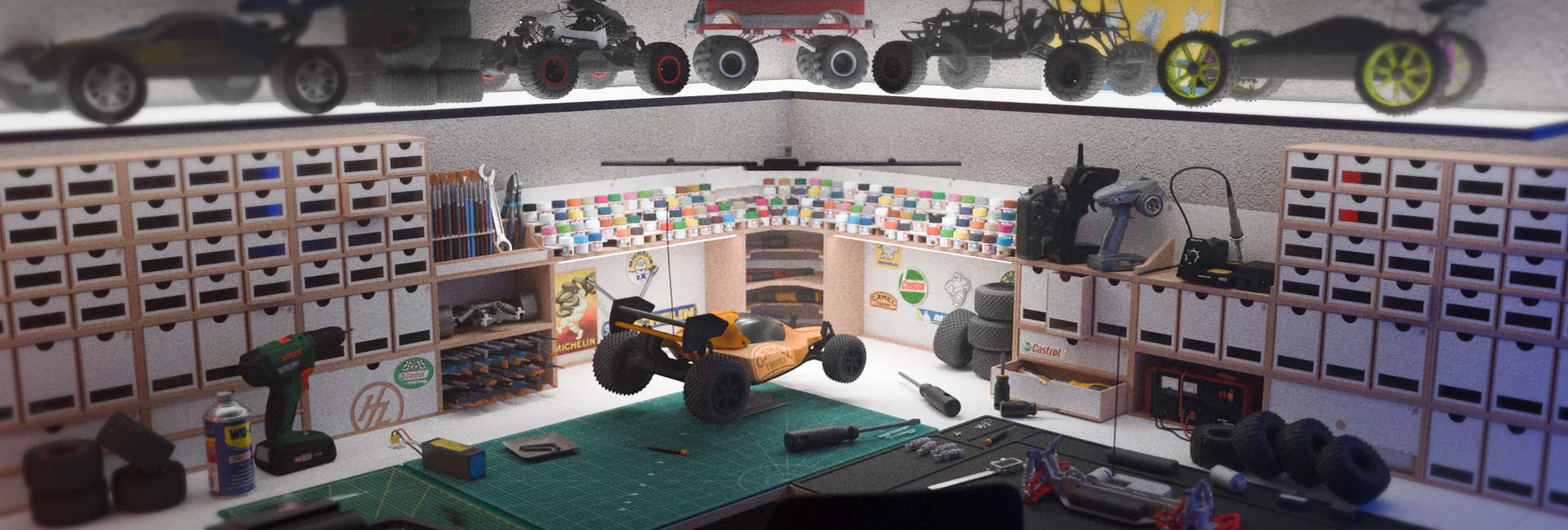 Workspace idea for hobbyists who love remote-controlled car building and tuning, whether you are repairing, upgrading, soldering electronics, or preparing for drifting, racing or crawling.